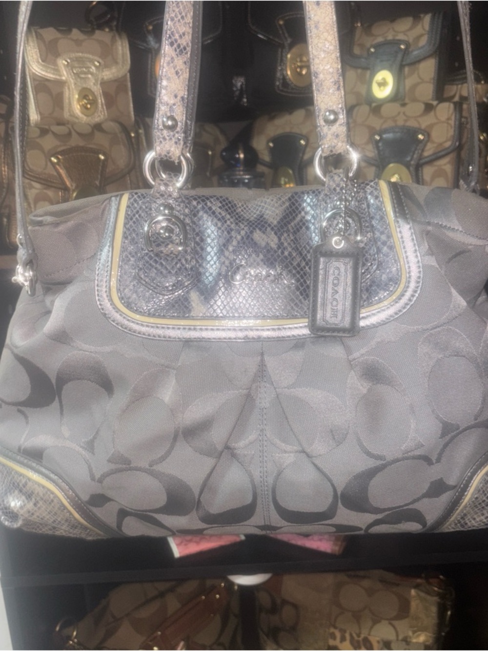 Coach Gray Signature Shoulder Bag with Metallic Trim